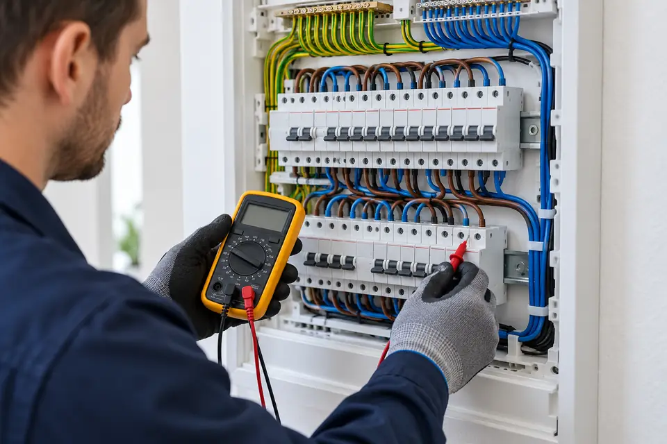 Imagem ilustrativa de eletricista com instrumento de medição diante de quadro de distribuição.