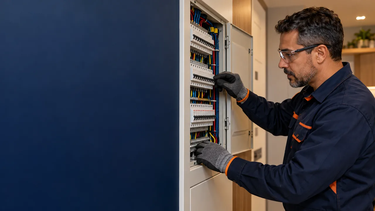 Imagem ilustrativa de eletricista uniformizado inspecionando um quadro de distribuição elétrica.